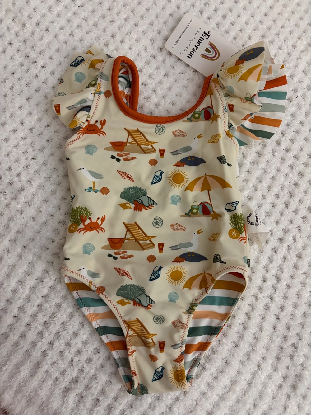Little Girls Cream Beach Print One-Piece Swimsuit with Ruffle Sleeves
